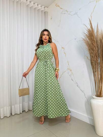 Vestido longo Poá com cinto.