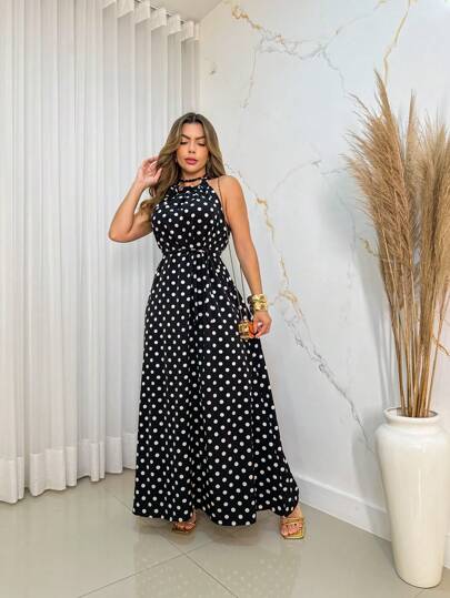 Vestido longo Poá com cinto.