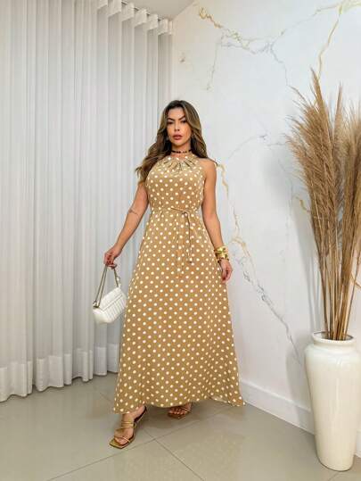 Vestido longo Poá com cinto.